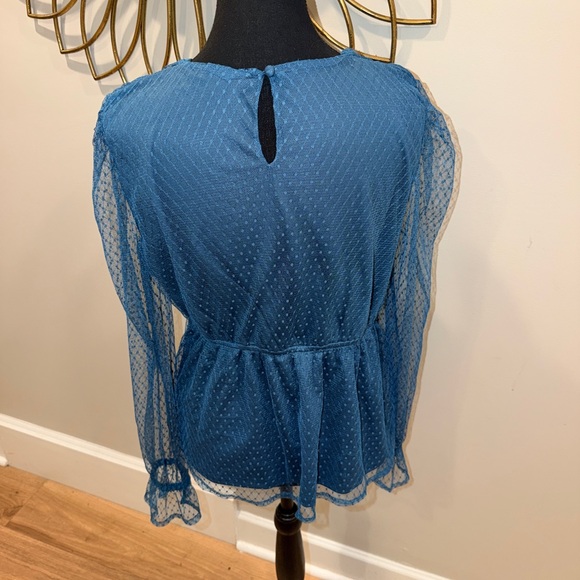 V-Neck Sheer Peplum Blouse in Teal - Picture 3 of 4